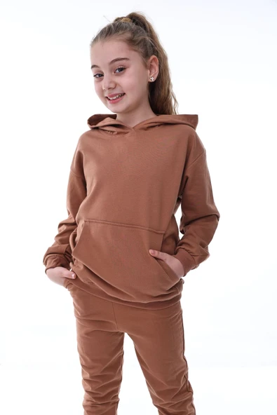 Basic Kapüşonlu 2 İplik Şardonlu Kanguru Cepli Çocuk Eşofman Takımı 3-10 Yaş Haki - Resim 2