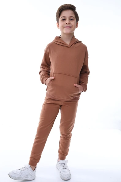Basic Kapüşonlu 2 İplik Şardonlu Kanguru Cepli Çocuk Eşofman Takımı 3-10 Yaş Haki ürün görseli