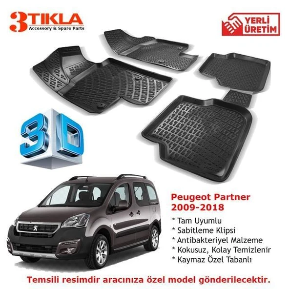 Peugeot Partner Tepe 120HP 2009-2018 Premium 3D Havuzlu Paspas Seti ürün görseli 1