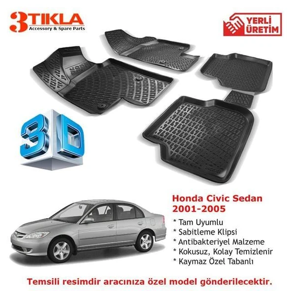 Honda Civic Sedan 2001-2005 Premium 3D Havuzlu Paspas Seti ürün görseli 1