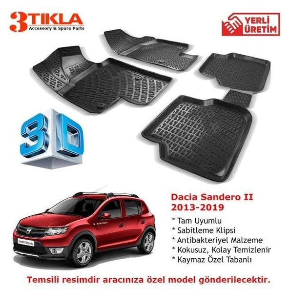 Dacia Sandero II 2013-2019 Premium 3D Havuzlu Paspas Seti ürün görseli 1
