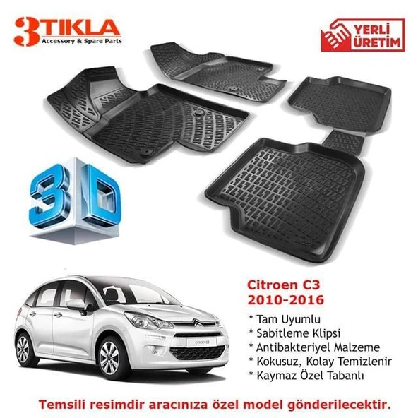 Citroen C3 2010-2016 Premium 3D Havuzlu Paspas Seti ürün görseli 1