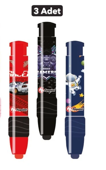 Fixpoint -3 Adet- Otomatik Pastel Araba Astronot Konsol Temalı Erkek Seti Roket Silgi (P-1307)