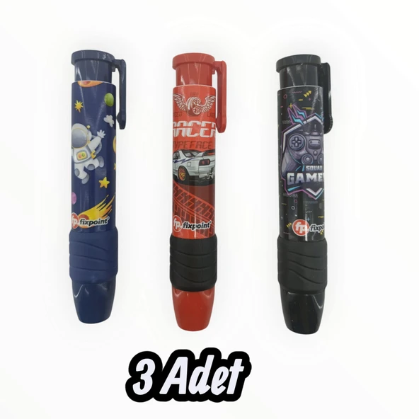 Fixpoint -3 Adet- Otomatik Pastel Araba Astronot Konsol Temalı Erkek Seti Roket Silgi (P-1307) - 2