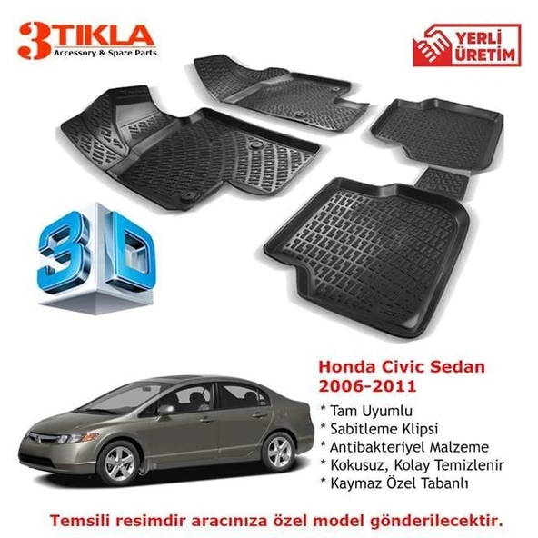 Honda Civic Sedan 2006-2011 Premium 3D Havuzlu Paspas Seti ürün görseli 1