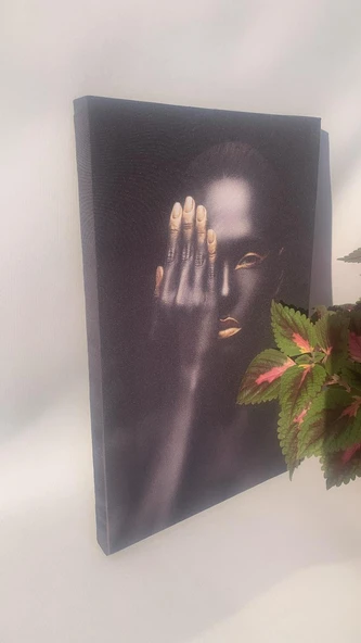 Eliyle Yüzünü Kapatan Siyahi Kadın Portre Natürel Tasarım Ahşap Çerçeve Ev İşyeri Kanvas Tablo PRT5 - Resim 4