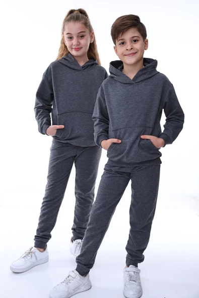 Basic Kapüşonlu 2 İplik Şardonlu Kanguru Cepli Çocuk Eşofman Takımı 3-10 Yaş Haki - Resim 6