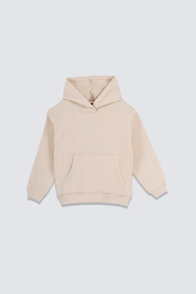 Basic Kapüşonlu Şardonlu Kanguru Cep Detaylı Çocuk Sweatshirt 3-10 Yaş Ekru ürün görseli