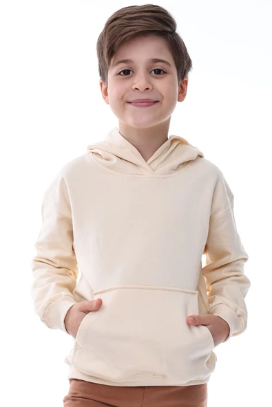 Basic Kapüşonlu Şardonlu Kanguru Cep Detaylı Çocuk Sweatshirt 3-10 Yaş Ekru - Resim 2