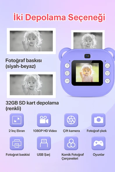QASUL Çocuklar İçin Siyah-Beyaz Yazıcı Eğlenceli Fotoğraf Makinesi  Oyunlar ve Çift Kamera Müzik Bir Arada - 4