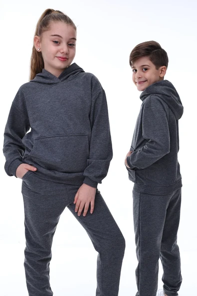 Basic Kapüşonlu 2 İplik Şardonlu Kanguru Cepli Çocuk Eşofman Takımı 3-10 Yaş Haki ürün görseli