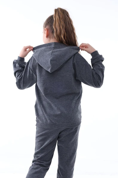 Basic Kapüşonlu 2 İplik Şardonlu Kanguru Cepli Çocuk Eşofman Takımı 3-10 Yaş Haki - Resim 8