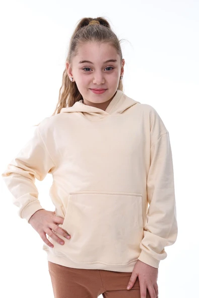 Basic Kapüşonlu Şardonlu Kanguru Cep Detaylı Çocuk Sweatshirt 3-10 Yaş Ekru - Resim 3