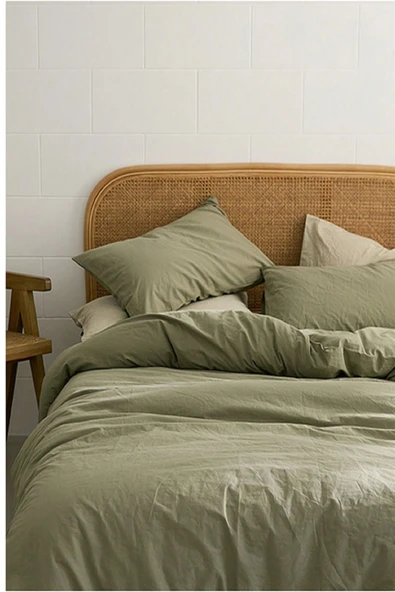 LaLiva Lüks & Çarşafı Lastikli Akfil Kumaş %100 Organik Pamuk- Çift Kişilik Nevresim Takımı Yeşil ürün görseli