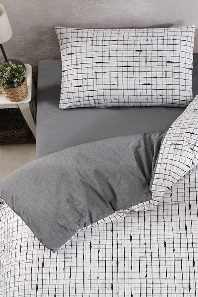 LaLiva Gri Beyaz Kareli Çarşafı Lastikli Tek Kişilik Nevresim Takımı - Resim 4