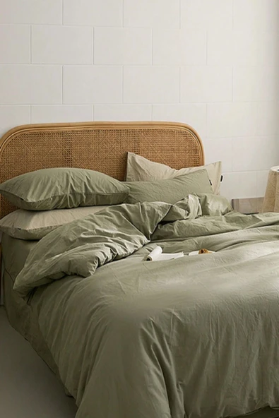 LaLiva -lüks Akfil Kumaş -çarşafı Lastikli %100 Organik Pamuk- Yeşil Çift Kişilik Nevresim Takımı - Resim 6
