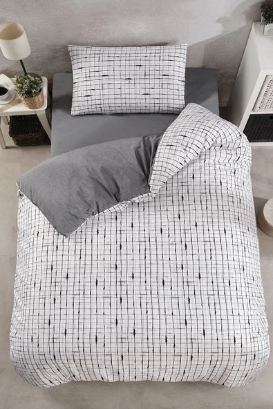LaLiva Gri Beyaz Kareli Çarşafı Lastikli Tek Kişilik Nevresim Takımı ürün görseli