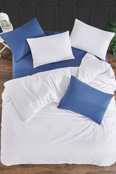 LaLiva %100 Doğal Pamuk Akfil Kumaş Çarşafı Lastikli Çift Kişilik Nevresim Takımı  Beyaz mavi ürün görseli