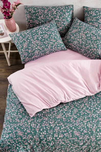 LaLiva Lastikli Çarşaflı Çift Kişilik Nevresim Takımı Yeşil Çiçekli - Resim 4