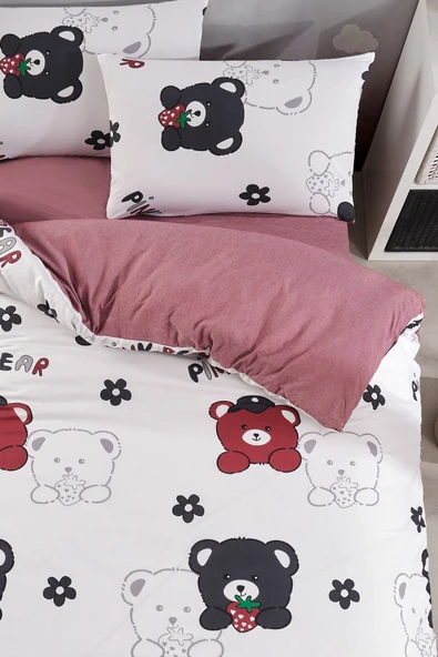 LaLiva Doğal Sağlıklı Çarşafı Lastikli Ayıcıklı Bordo Çocuk Nevresim Takımı - Resim 3