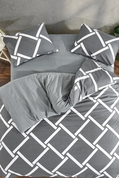 LaLiva Geometrik Kareli Çarşafı Lastikli Çift Kişilik Nevresim Takımı - Resim 2