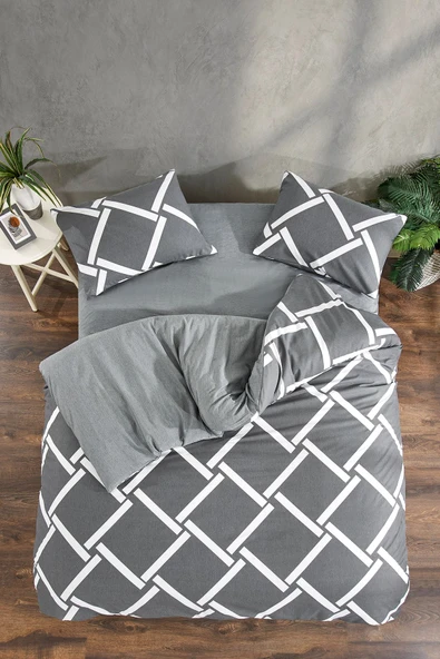 LaLiva Geometrik Kareli Çarşafı Lastikli Çift Kişilik Nevresim Takımı ürün görseli