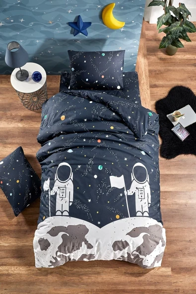 LaLiva Çarşafı Lastikli Doğal Sağlıklı Pamuk Astronot Uzaylı Tek Kişilik Çocuk Nevresim Takımı
