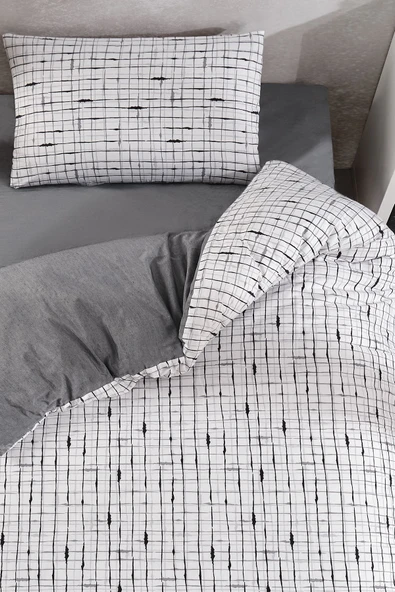 LaLiva Gri Beyaz Kareli Çarşafı Lastikli Tek Kişilik Nevresim Takımı - Resim 5