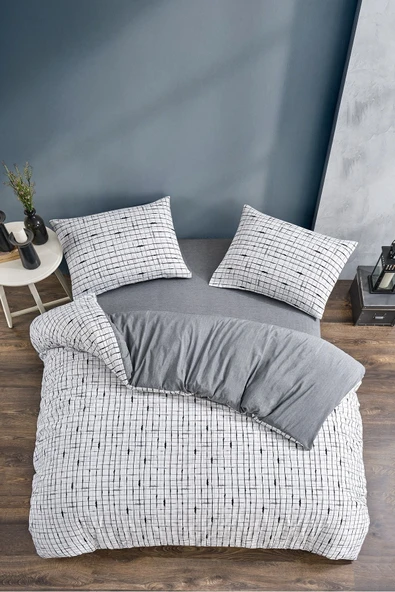 LaLiva Çarşafı Lastkli Çift Kişilik Kareli Nevresim Takımı - Resim 2