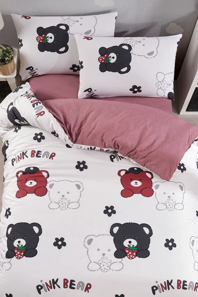 LaLiva Doğal Sağlıklı Çarşafı Lastikli Ayıcıklı Bordo Çocuk Nevresim Takımı - Resim 4