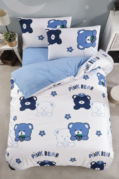 LaLiva Çarşafı Lastikli Ayıcıklı Mavi Çocuk Nevresim Takımı