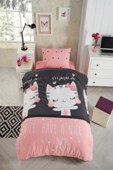LaLiva Çarşafı Lastikli Doğal Sağlıklı Pamuk Kedili Siyah-pembe Tek Kişilik Çocuk Nevresim Takımı - Resim 2