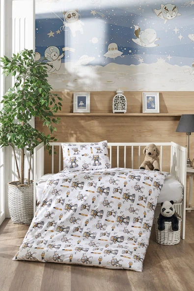 LaLiva %100 Doğal Pamuk Akfil Kumaş Robotlu Bebek Nevresim Takımı - Resim 2