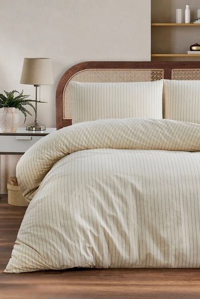 LaLiva %100 Pamuk Çift Kişlik Çizgili Nevresim Takımı Naturel -Çarşafı Lastikli ürün görseli