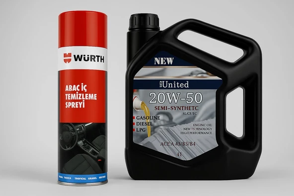 UNİTED 20W50 MOTOR YAĞI 4 LT VE WÜRTH ARAÇ İÇİ TEMİZLEME SPREYİ