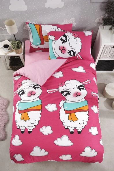 LaLiva Çerşafı Lastikli Kuzulu Çocuk Nevresim Takımı Pembe Tek Kişilik