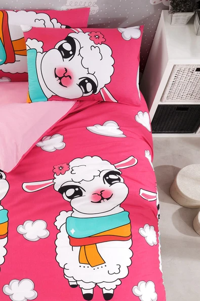 LaLiva Çerşafı Lastikli Kuzulu Çocuk Nevresim Takımı Pembe Tek Kişilik - 4