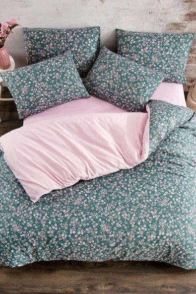 LaLiva Lastikli Çarşaflı Çift Kişilik Nevresim Takımı Yeşil Çiçekli - Resim 2