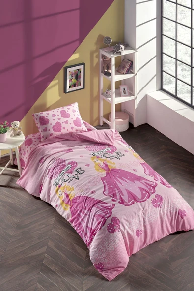 LaLiva Çarşafı Lastikli Doğal Pamuk Prenses Tek Kişilik Çocuk Kız Nevresim Takımı Pembe Kalpli ürün görseli