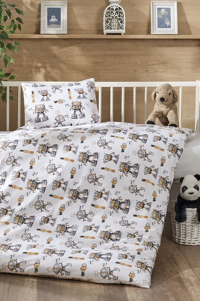 LaLiva %100 Doğal Pamuk Akfil Kumaş Robotlu Bebek Nevresim Takımı ürün görseli