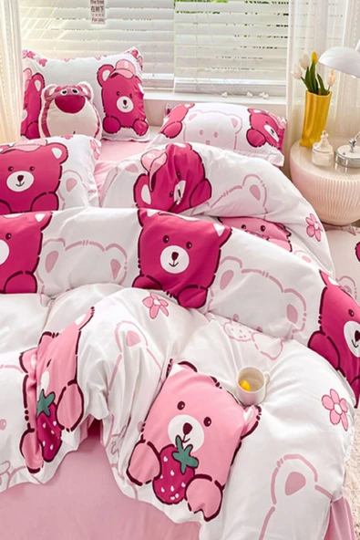 LaLiva Çarşafı Lastikli Doğal Sağlıklı Pamuk Ayıcıklı Bear Panda Tek Kişilik Çocuk Nevresim Takımı ürün görseli