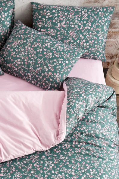 LaLiva Çarşafı Lastikli Tek Kişilik Nevresim Talımı Pembe Yeşil ürün görseli