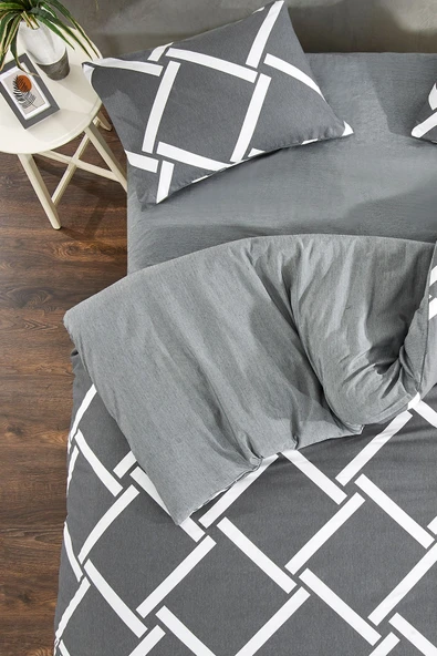 LaLiva Geometrik Kareli Çarşafı Lastikli Çift Kişilik Nevresim Takımı - Resim 3