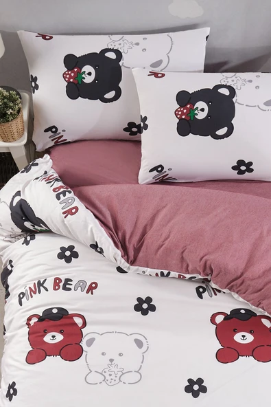 LaLiva Doğal Sağlıklı Çarşafı Lastikli Ayıcıklı Bordo Çocuk Nevresim Takımı - Resim 5