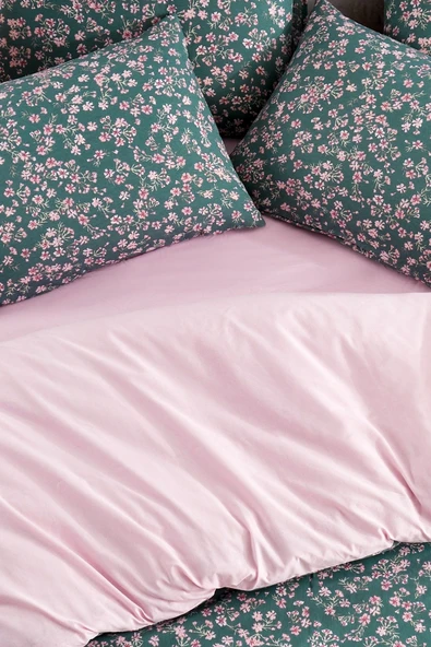 LaLiva Lastikli Çarşaflı Çift Kişilik Nevresim Takımı Yeşil Çiçekli - Resim 5