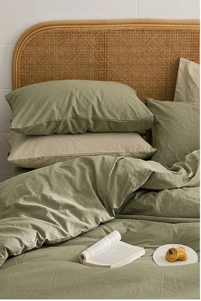 LaLiva -lüks Akfil Kumaş -çarşafı Lastikli %100 Organik Pamuk- Yeşil Çift Kişilik Nevresim Takımı ürün görseli