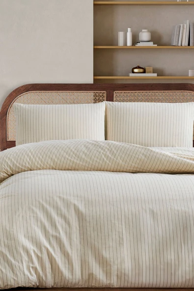 LaLiva %100 Pamuk Çift Kişlik Çizgili Nevresim Takımı Naturel -Çarşafı Lastikli - Resim 3