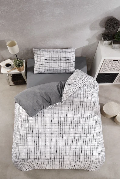 LaLiva Gri Beyaz Kareli Çarşafı Lastikli Tek Kişilik Nevresim Takımı - Resim 2