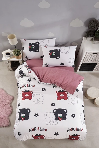 LaLiva Doğal Sağlıklı Çarşafı Lastikli Ayıcıklı Bordo Çocuk Nevresim Takımı - Resim 2