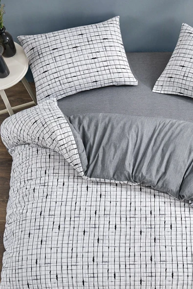 LaLiva Çarşafı Lastkli Çift Kişilik Kareli Nevresim Takımı - Resim 3